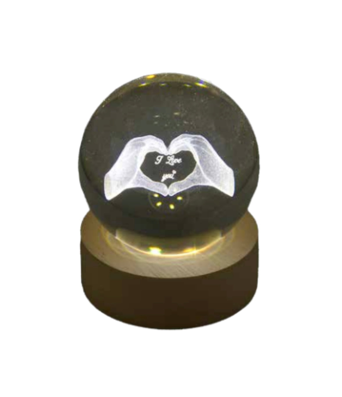 Globo vetro MANI LOVE su base legno c/led in box cm.6x8 con cavo