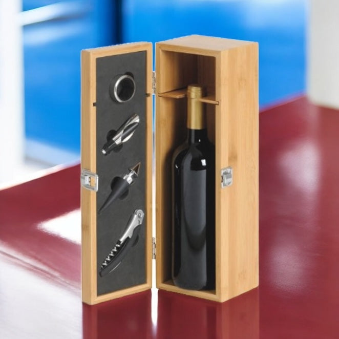 Set vino 4 pezzi in box legno porta bottiglia cm.36x11x12